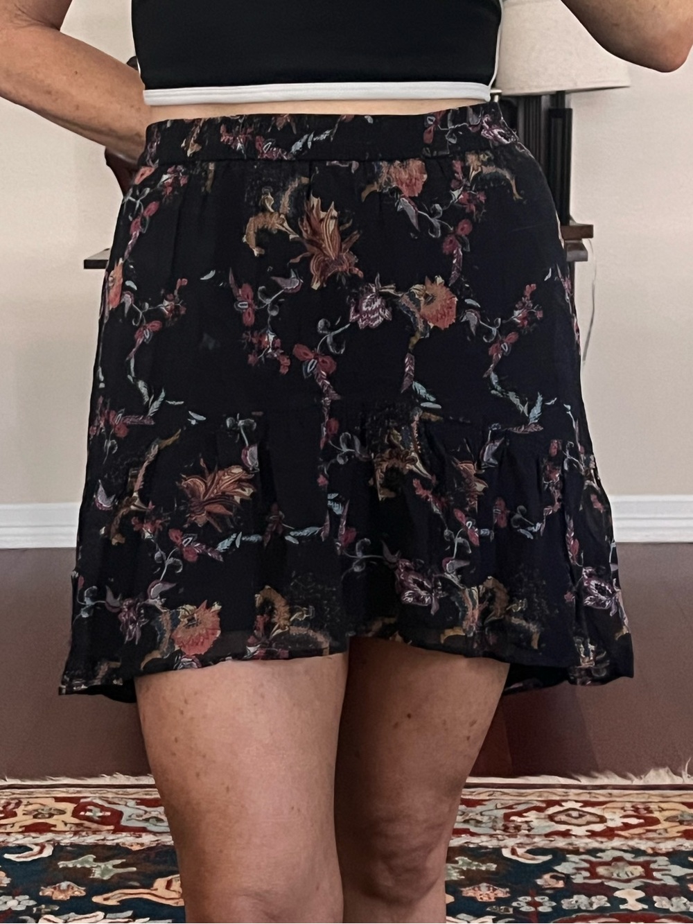 IRO Black Floral Tiered Skort with Pink and Brown Accents 100% silk